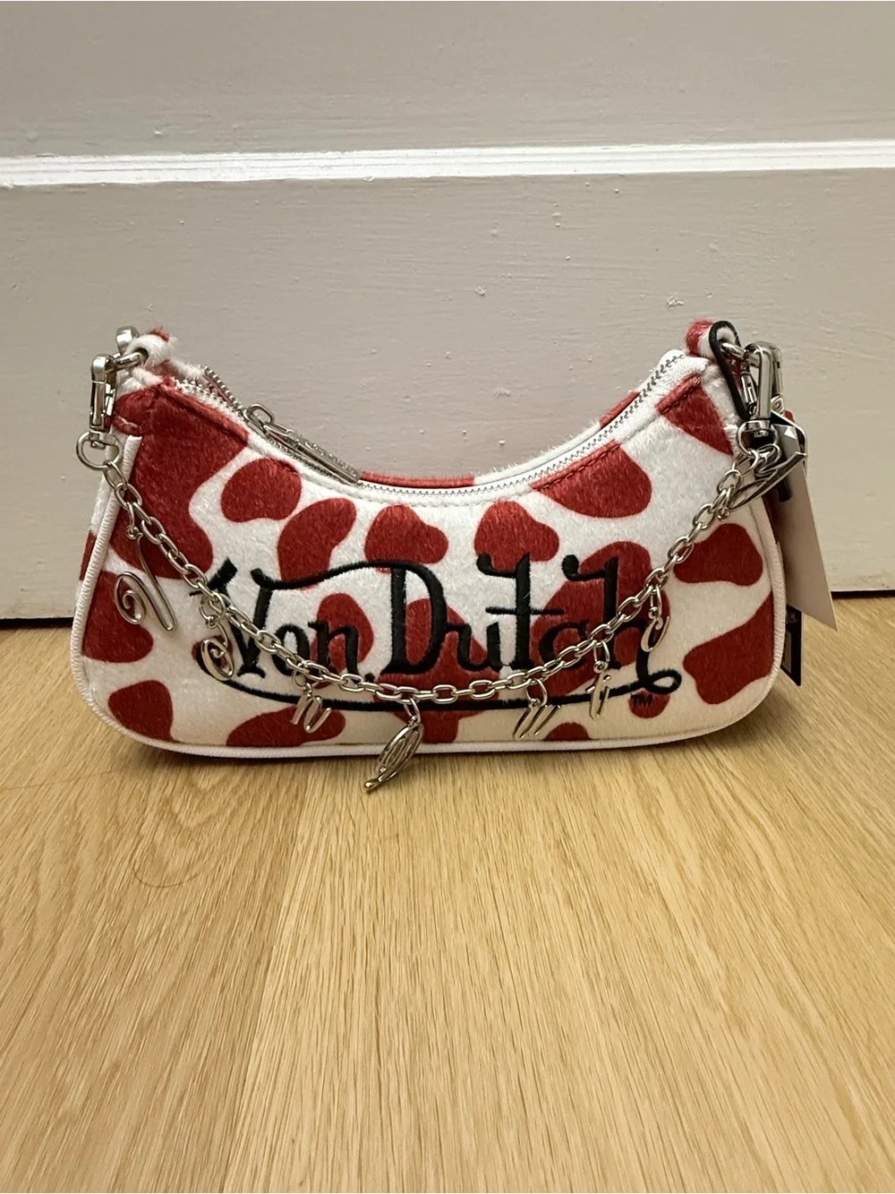 Von Dutch Red and White Cow-Print Shoulder Bag